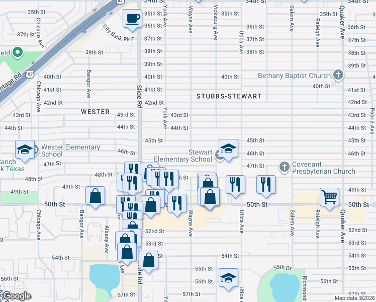 map of restaurants, bars, coffee shops, grocery stores, and more near 5007 46th Street in Lubbock
