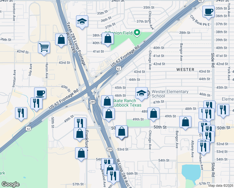 map of restaurants, bars, coffee shops, grocery stores, and more near 5715 46th Street in Lubbock