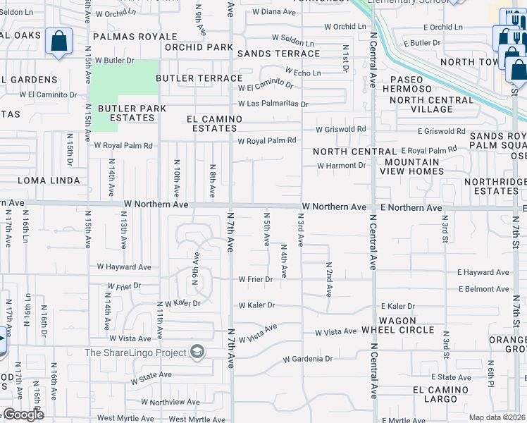 map of restaurants, bars, coffee shops, grocery stores, and more near 7825 North 5th Avenue in Phoenix