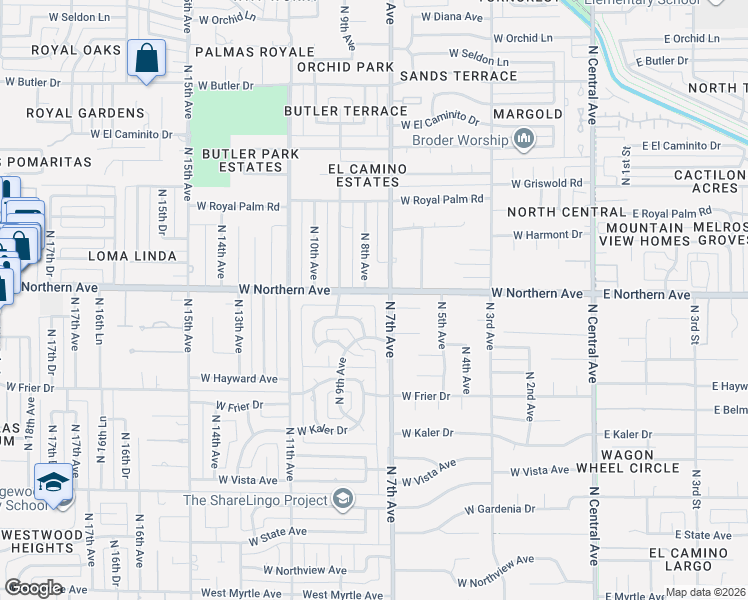 map of restaurants, bars, coffee shops, grocery stores, and more near 7822 North 7th Avenue in Phoenix