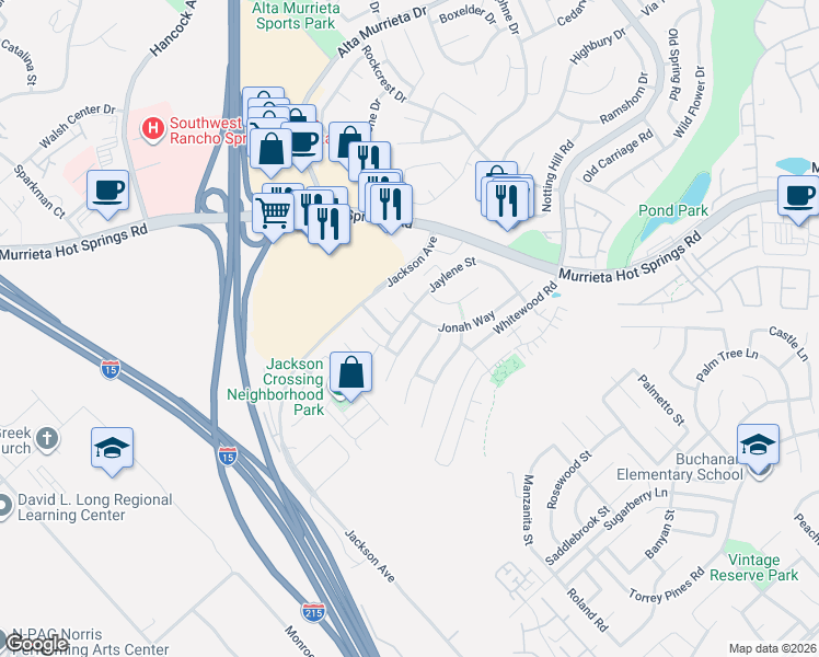 map of restaurants, bars, coffee shops, grocery stores, and more near 40286 Hannah Way in Murrieta