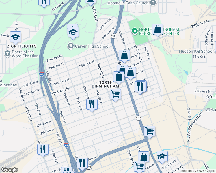 map of restaurants, bars, coffee shops, grocery stores, and more near in Birmingham