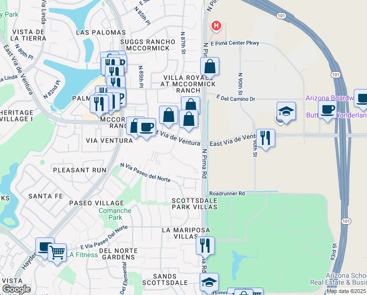 map of restaurants, bars, coffee shops, grocery stores, and more near 8742 East Vía De Commercio in Scottsdale