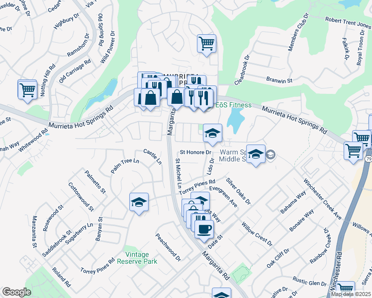 map of restaurants, bars, coffee shops, grocery stores, and more near 39860 Saint Honore Drive in Murrieta