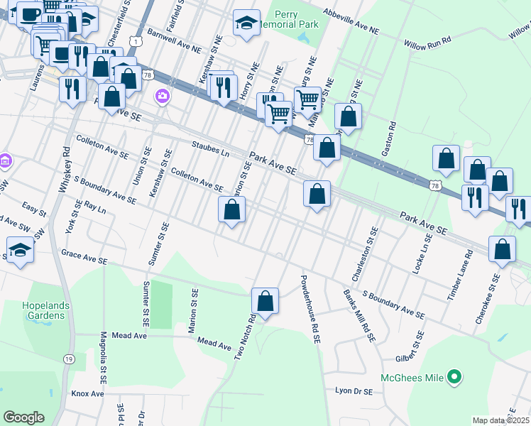 map of restaurants, bars, coffee shops, grocery stores, and more near Colleton Avenue Southeast in Aiken