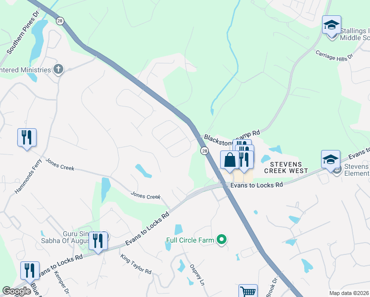 map of restaurants, bars, coffee shops, grocery stores, and more near 4285 Colony Square in Evans