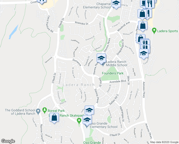 map of restaurants, bars, coffee shops, grocery stores, and more near 68 Glenalmond Lane in Mission Viejo