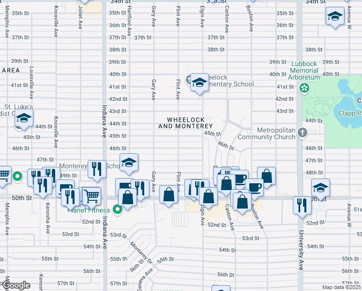 map of restaurants, bars, coffee shops, grocery stores, and more near 3020 46th Street in Lubbock