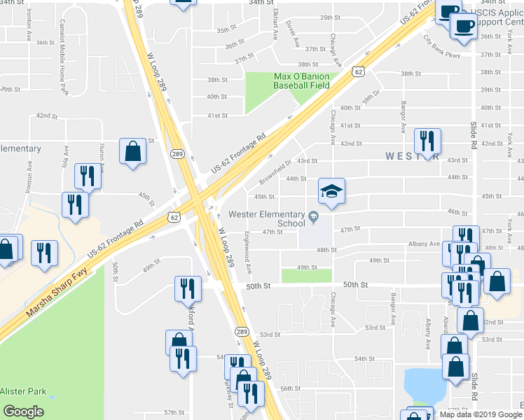 map of restaurants, bars, coffee shops, grocery stores, and more near 5712 46th Street in Lubbock