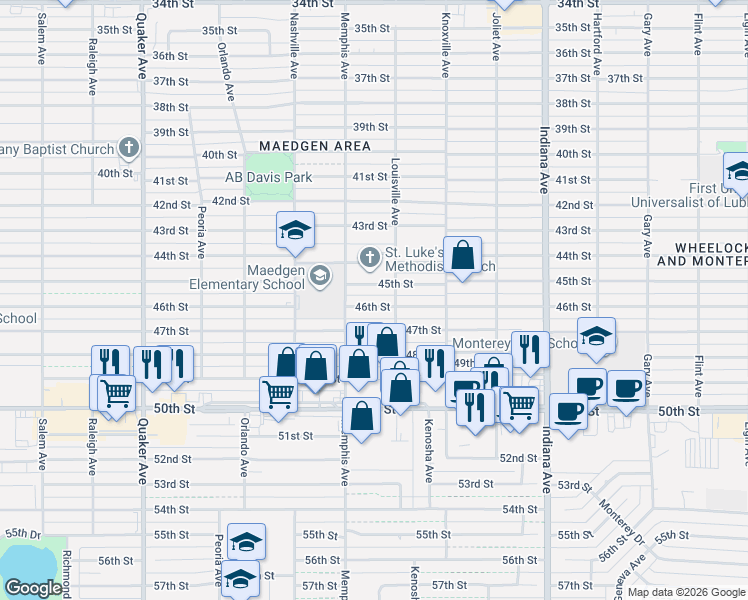 map of restaurants, bars, coffee shops, grocery stores, and more near 3705 46th Street in Lubbock