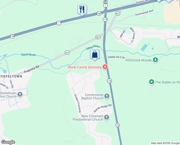 map of restaurants, bars, coffee shops, grocery stores, and more near 3610 Dwyer Lane in Aiken