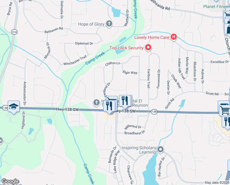 map of restaurants, bars, coffee shops, grocery stores, and more near 7458 Penland Drive in Riverdale