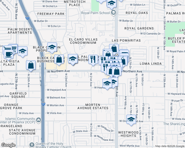 map of restaurants, bars, coffee shops, grocery stores, and more near 2102 West Augusta Avenue in Phoenix