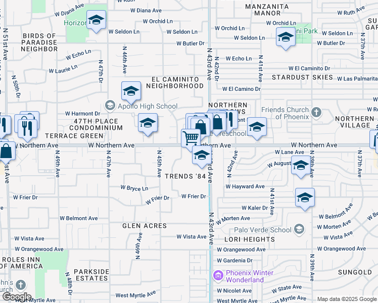 map of restaurants, bars, coffee shops, grocery stores, and more near 4329 West Northern Avenue in Glendale