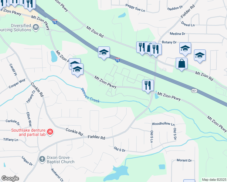 map of restaurants, bars, coffee shops, grocery stores, and more near 2615 Mount Zion Parkway in Jonesboro