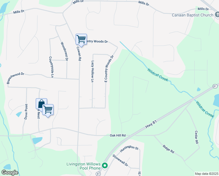 map of restaurants, bars, coffee shops, grocery stores, and more near 180 East Country Woods Drive in Covington