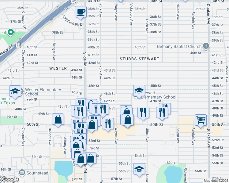map of restaurants, bars, coffee shops, grocery stores, and more near 5007 46th Street in Lubbock