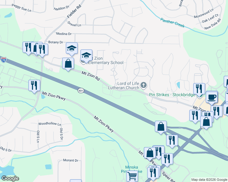 map of restaurants, bars, coffee shops, grocery stores, and more near Interstate 75 in Jonesboro