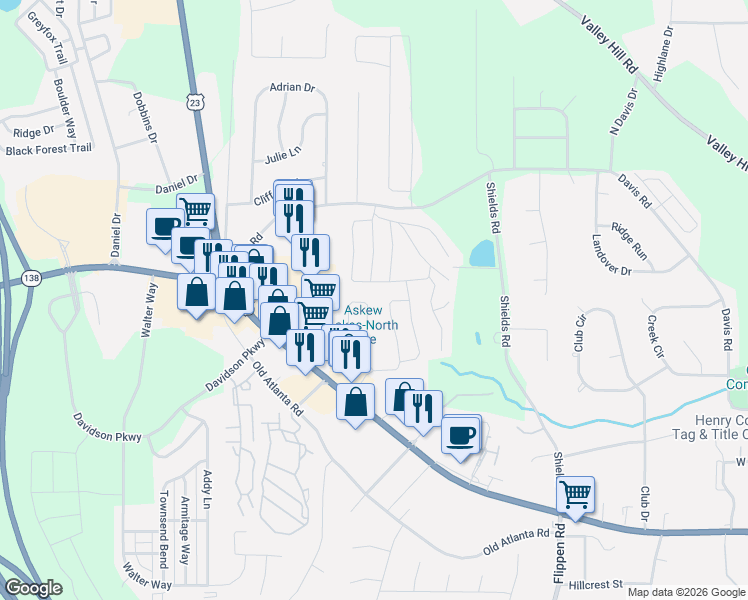 map of restaurants, bars, coffee shops, grocery stores, and more near 541 Sprayberry Drive in Stockbridge