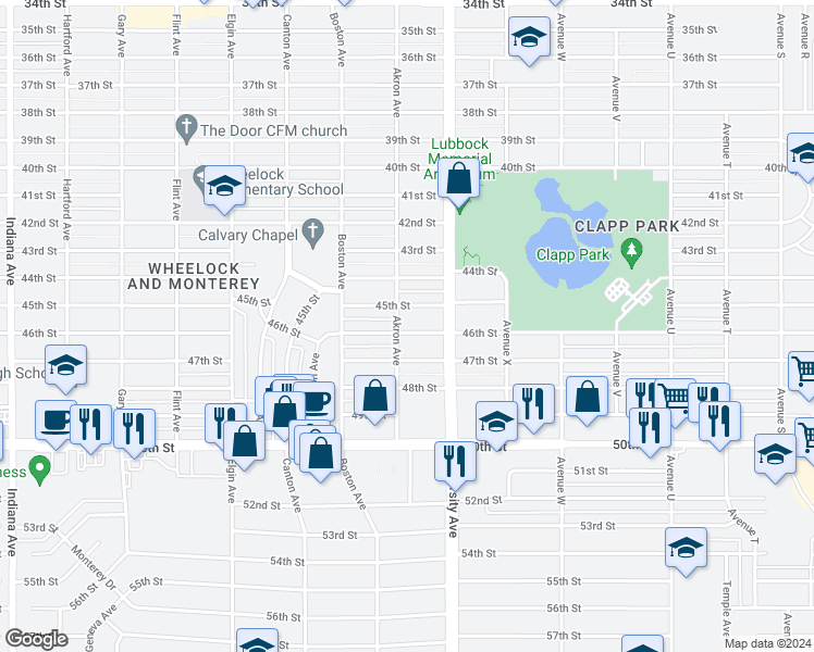 map of restaurants, bars, coffee shops, grocery stores, and more near 2516 46th Street in Lubbock