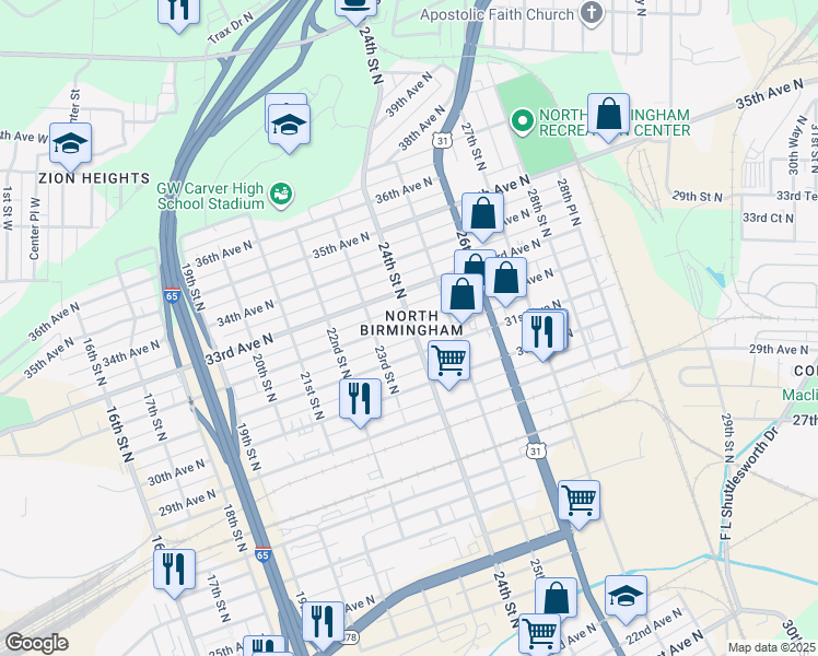 map of restaurants, bars, coffee shops, grocery stores, and more near in Birmingham