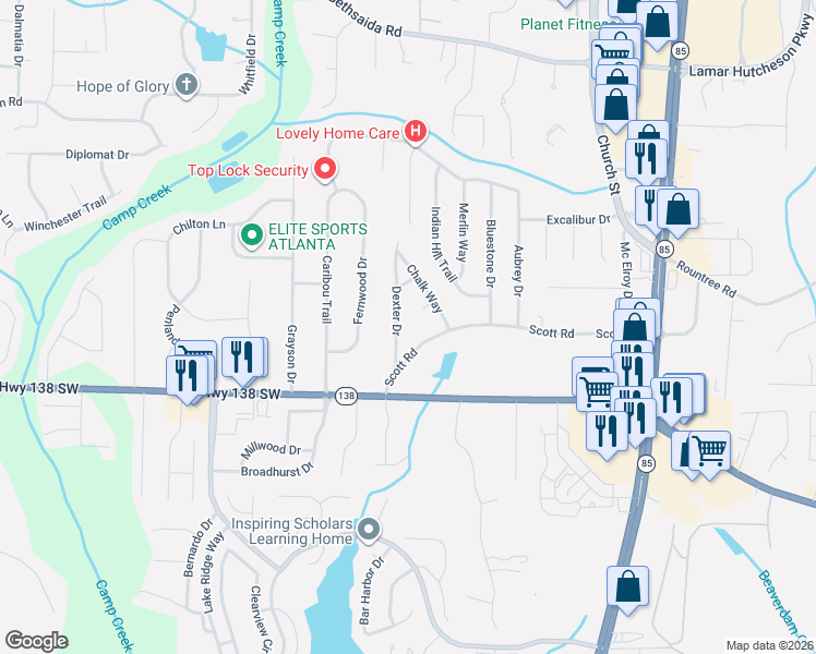 map of restaurants, bars, coffee shops, grocery stores, and more near 1059 Scott Road in Riverdale