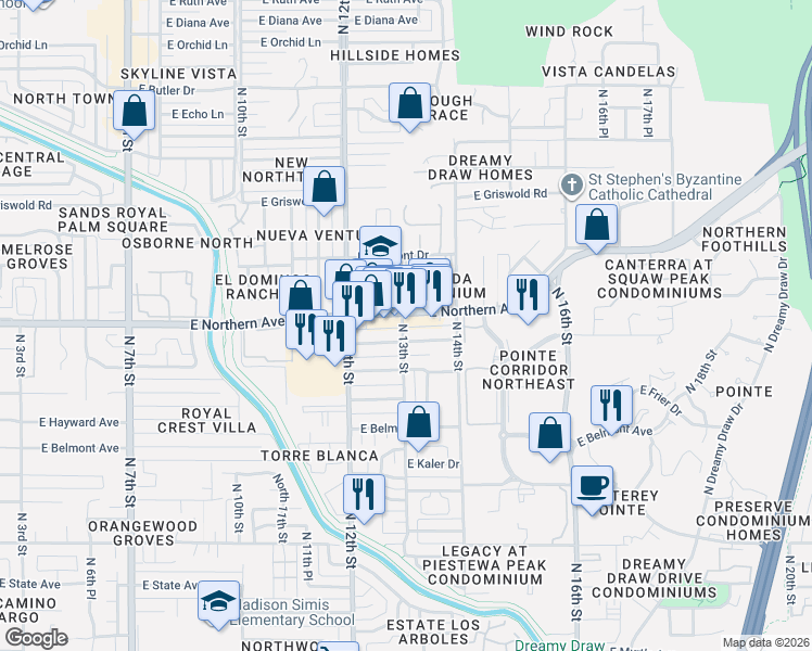 map of restaurants, bars, coffee shops, grocery stores, and more near 7850 North 13th Street in Phoenix