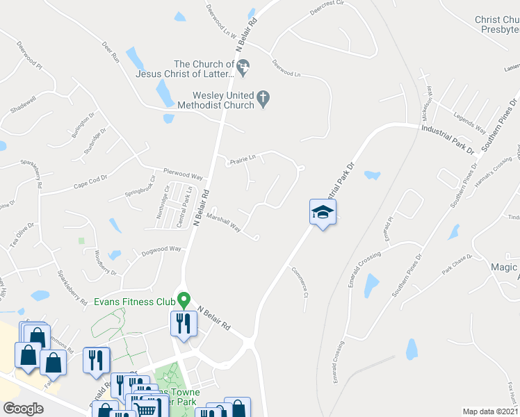 map of restaurants, bars, coffee shops, grocery stores, and more near 791 Prairie Lane in Evans