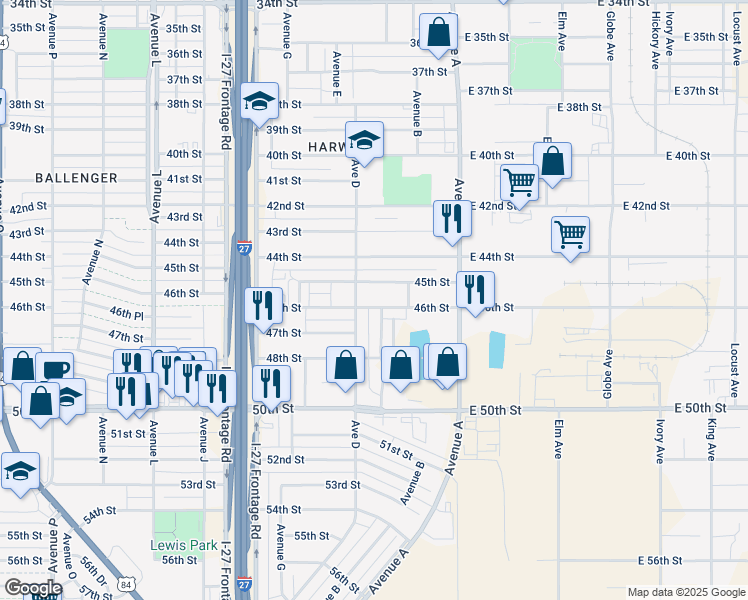 map of restaurants, bars, coffee shops, grocery stores, and more near 4606 Avenue C in Lubbock