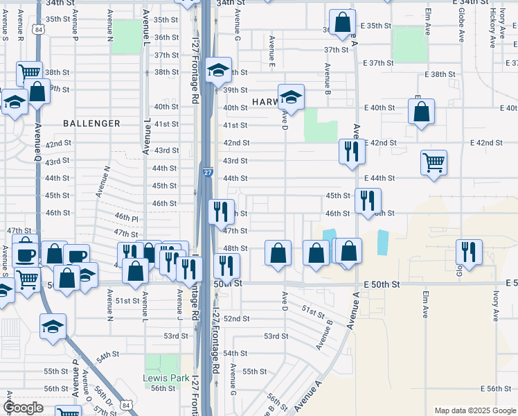 map of restaurants, bars, coffee shops, grocery stores, and more near 511 46th Street in Lubbock