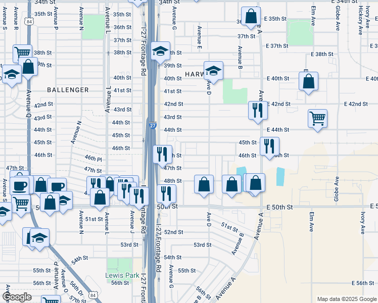 map of restaurants, bars, coffee shops, grocery stores, and more near 523 46th Street in Lubbock