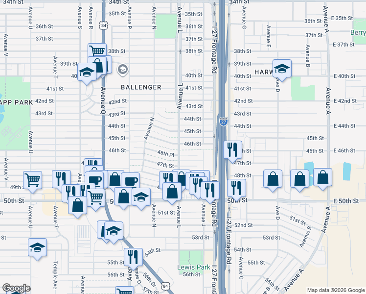 map of restaurants, bars, coffee shops, grocery stores, and more near in Lubbock