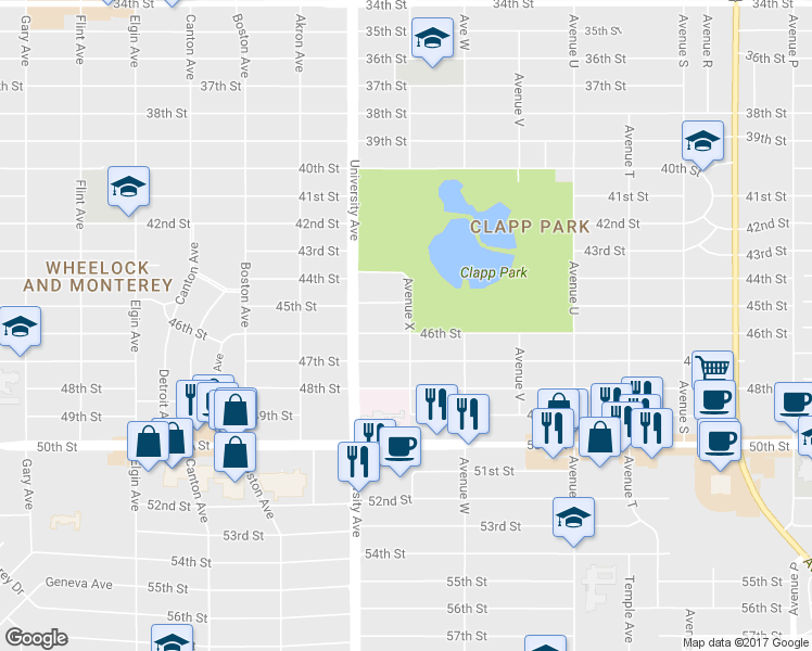 map of restaurants, bars, coffee shops, grocery stores, and more near 2319 46th Street in Lubbock