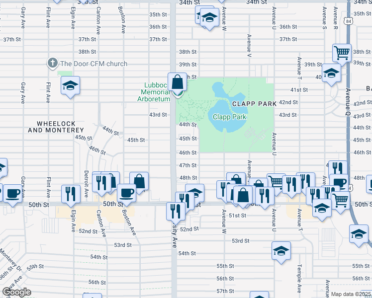 map of restaurants, bars, coffee shops, grocery stores, and more near 2409 46th Street in Lubbock