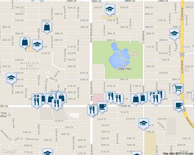 map of restaurants, bars, coffee shops, grocery stores, and more near 2409 46th Street in Lubbock