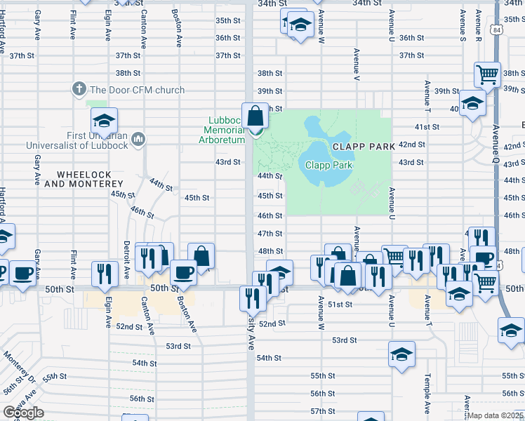 map of restaurants, bars, coffee shops, grocery stores, and more near 2409 46th Street in Lubbock