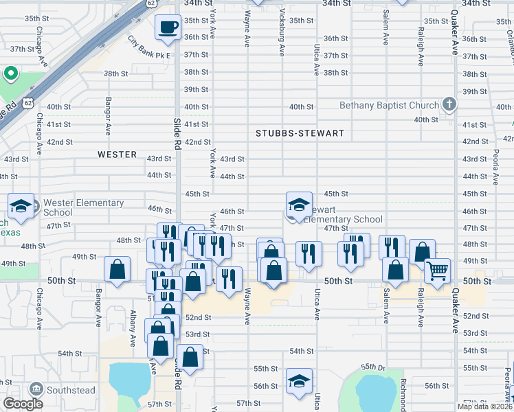 map of restaurants, bars, coffee shops, grocery stores, and more near 4915 46th Street in Lubbock