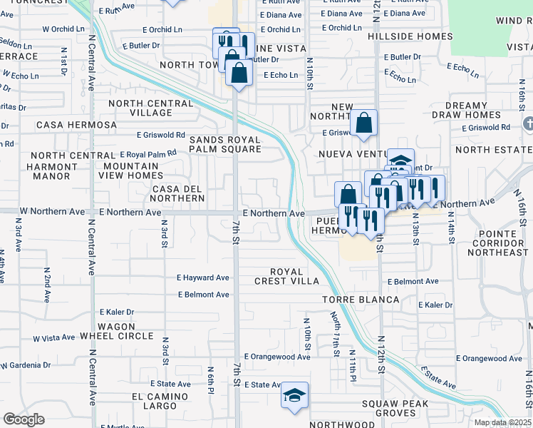 map of restaurants, bars, coffee shops, grocery stores, and more near 7823 North 7th Place in Phoenix