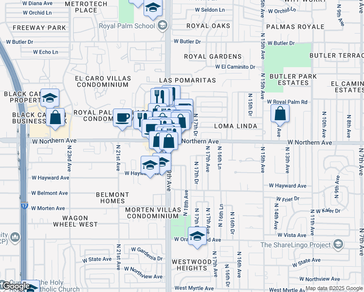 map of restaurants, bars, coffee shops, grocery stores, and more near 1809 West Northern Avenue in Phoenix