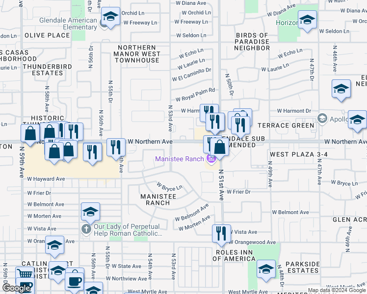 map of restaurants, bars, coffee shops, grocery stores, and more near 7971 North 53rd Avenue in Glendale
