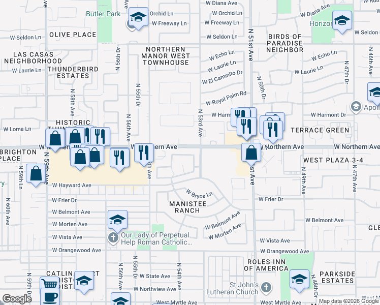 map of restaurants, bars, coffee shops, grocery stores, and more near 7883 North 54th Avenue in Glendale