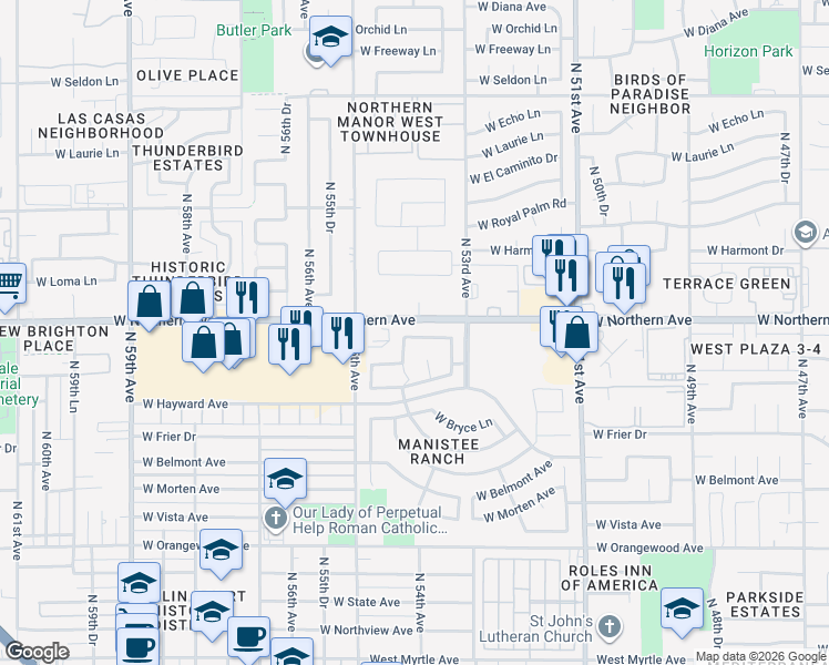 map of restaurants, bars, coffee shops, grocery stores, and more near 7883 North 54th Avenue in Glendale