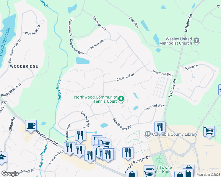 map of restaurants, bars, coffee shops, grocery stores, and more near 815 Sparkleberry Road in Evans