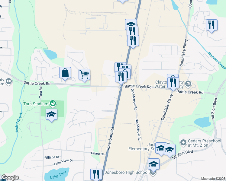 map of restaurants, bars, coffee shops, grocery stores, and more near 7445 Jonesboro Rd in Jonesboro