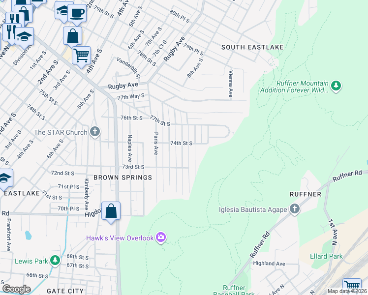 map of restaurants, bars, coffee shops, grocery stores, and more near 7321 Rome Avenue in Birmingham
