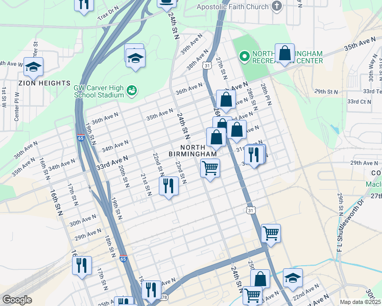 map of restaurants, bars, coffee shops, grocery stores, and more near in Birmingham