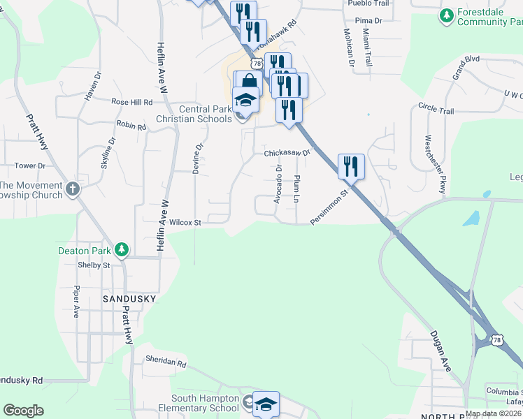 map of restaurants, bars, coffee shops, grocery stores, and more near 1012 Avocado Circle in Birmingham
