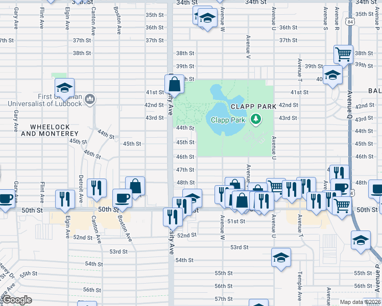map of restaurants, bars, coffee shops, grocery stores, and more near 2406 46th Street in Lubbock