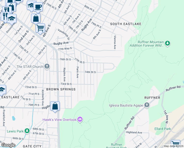 map of restaurants, bars, coffee shops, grocery stores, and more near 7321 Rome Avenue in Birmingham