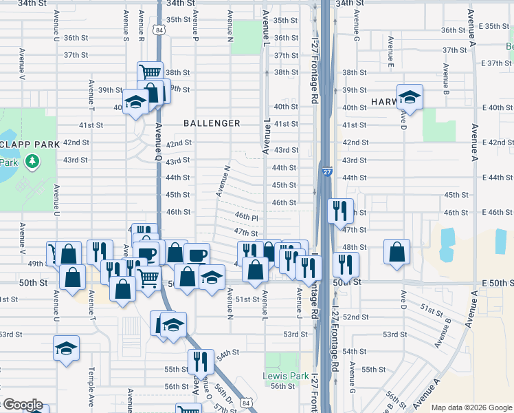 map of restaurants, bars, coffee shops, grocery stores, and more near 1311 46th Place in Lubbock